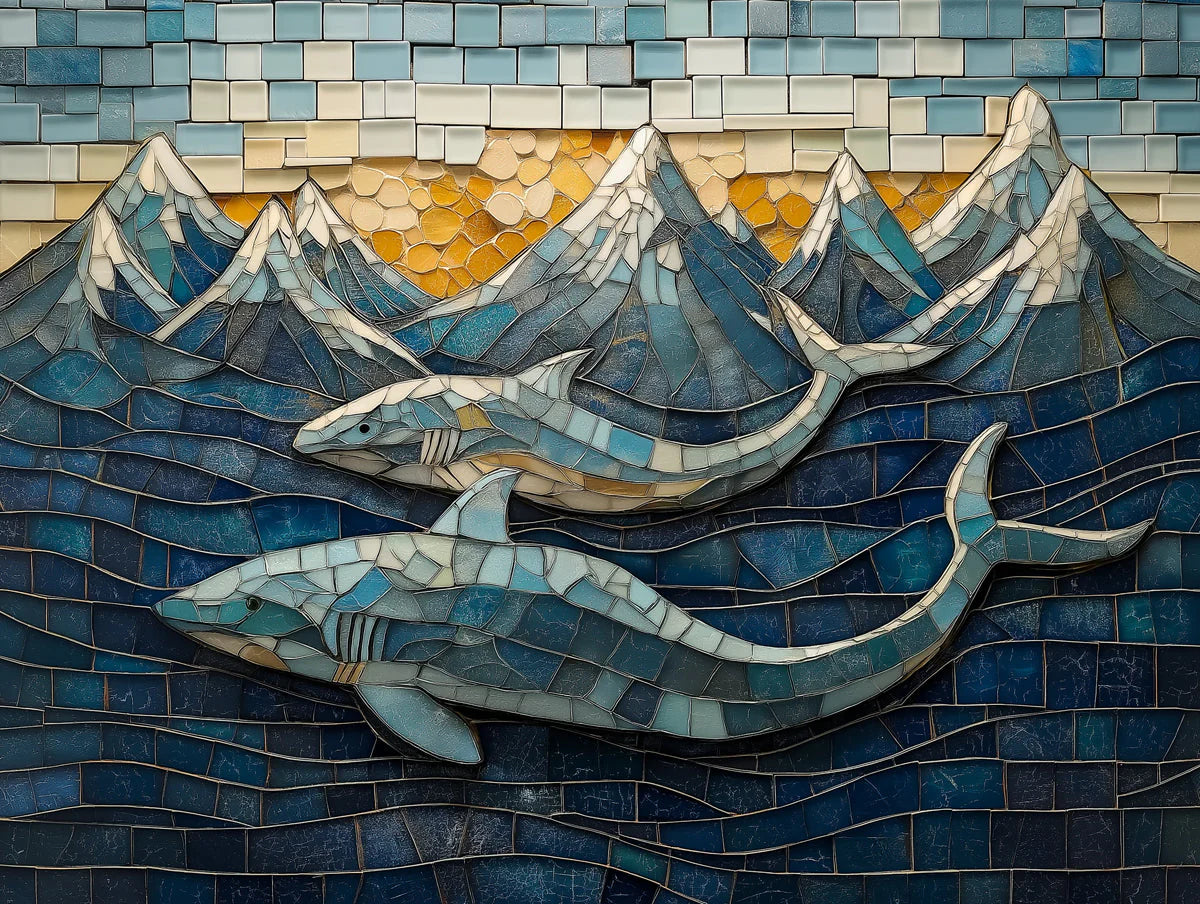 Mosaic Ocean and Sharks Mural Wallpaper in Bedroom Various Colors (Blue, Yellow, etc.) of Sharks Mural Wallpaper - room preview 02