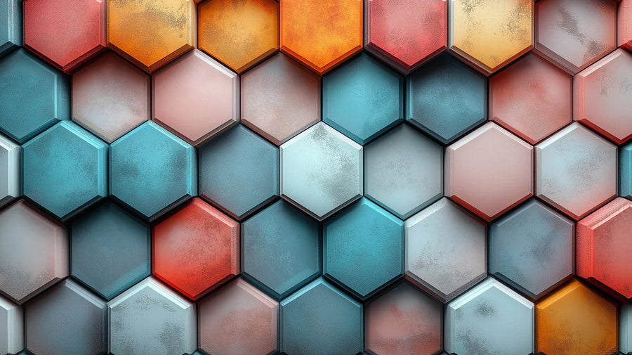 Papier peint mural géométrique hexagonal dans le salon, diverses couleurs (orange, bleu, etc.) de papier peint mural hexagones printable artwork