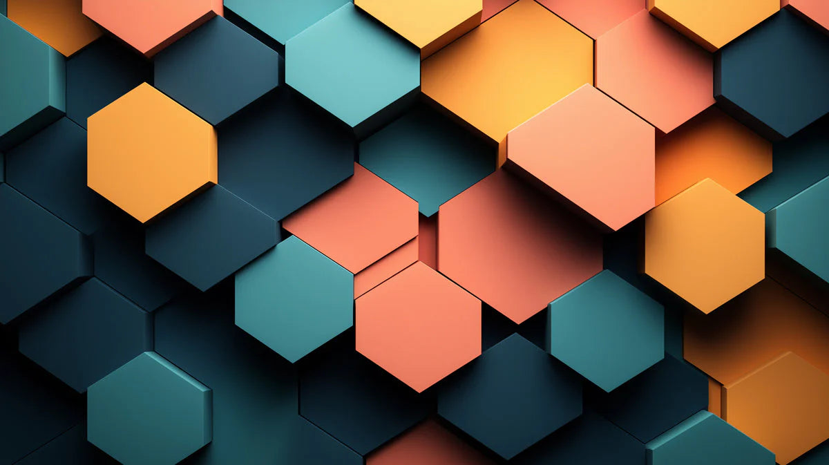 Geometric Mural Wallpaper in Living Room Various Colors (Orange, Blue, etc.) of Hexagons Mural Wallpaper - room preview 02