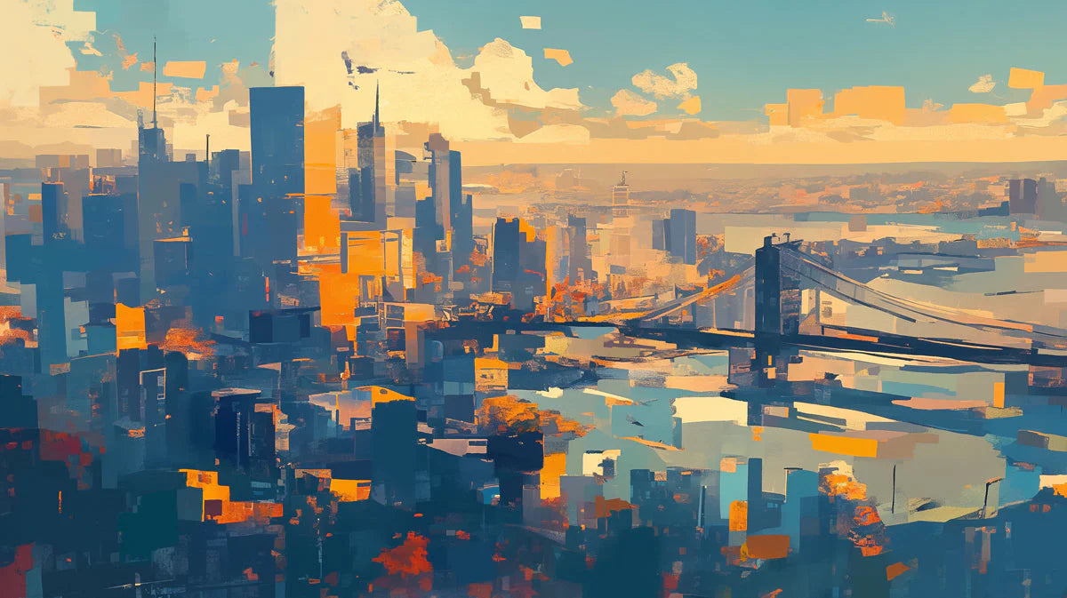 Cityscape Mural Wallpaper in Living Room Various Colors (Blue, Orange, etc.) of City Mural Wallpaper - room preview 02