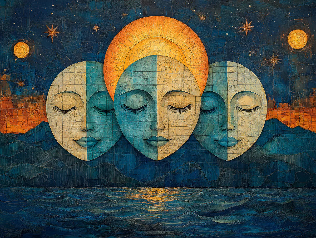 Moon and Faces Mural Wallpaper in Living room Various Colors (Blue, Yellow, etc.) Moon and Faces Mural Wallpaper - room preview 02
