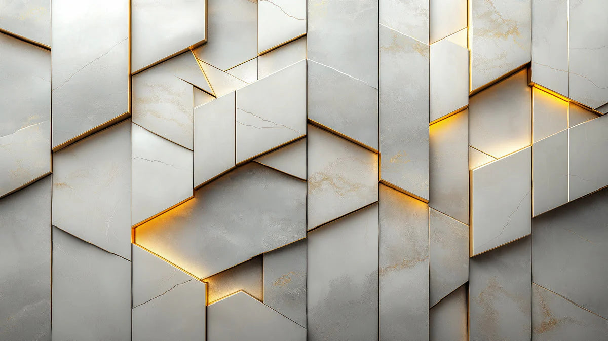 Geometric Marble and Gold Mural Wallpaper in Living Room Gray, Gold Marble Mural Wallpaper - room preview 02