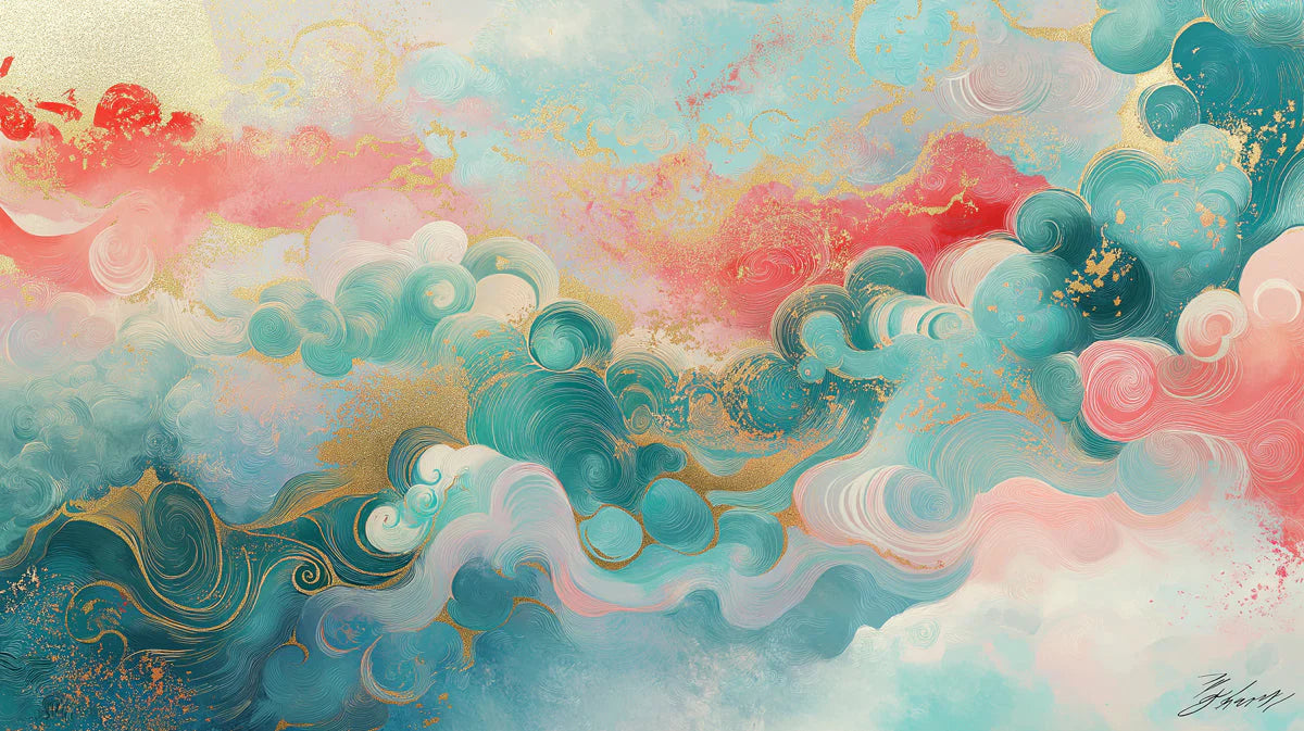 Colorful Cloud and Wave Mural Wallpaper in Bedroom Various Colors (Pink, Blue, Gold, etc.) of Clouds Mural Wallpaper - room preview 02