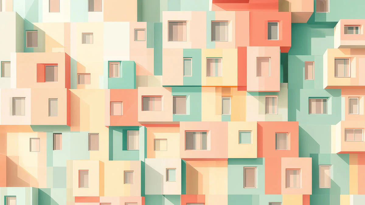 Colorful Building Facade Mural Wallpaper in Café Area Various Colors (Orange, Green, etc.) of Building Mural Wallpaper - room preview 02