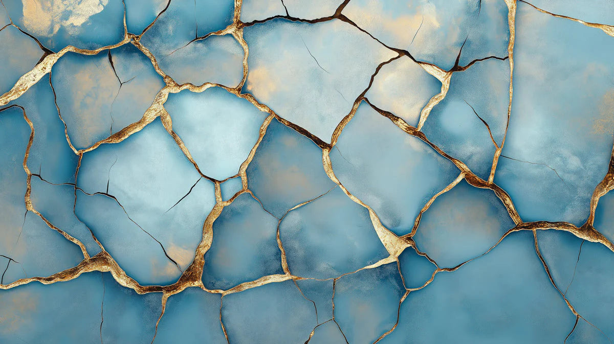 Blue and Gold Cracked Mural Wallpaper in Living Room Blue and Gold Crack Mural Wallpaper - room preview 02