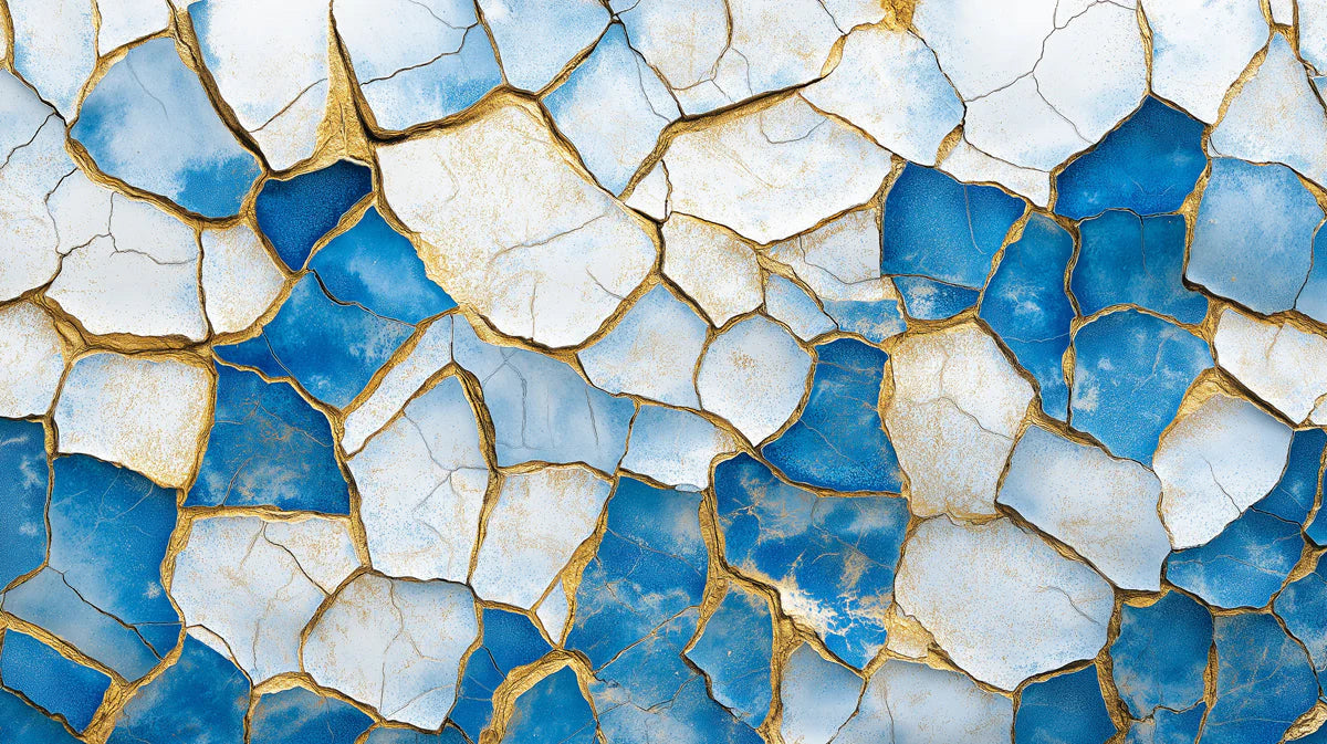 Blue and Gold Cracked Mural Wallpaper in Living Room Blue and Gold Crack Mural Wallpaper - room preview 02