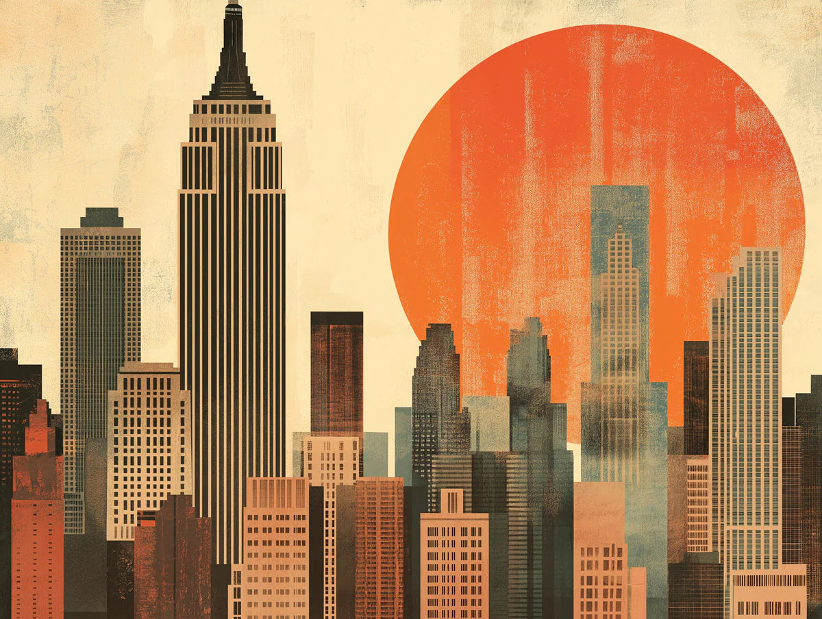Vintage Silhouette Empire State Building Mural Muted Tones and Sunset Orange Mural Wallpaper - room preview 02