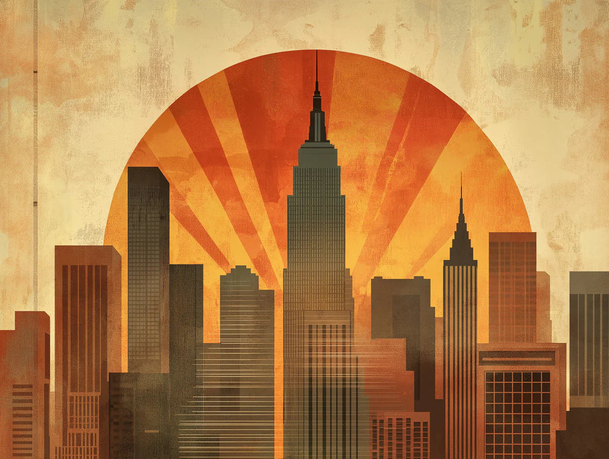 Art Deco Sunset Empire State Building Mural Golden Orange and Urban Silhouette Mural Wallpaper - room preview 02