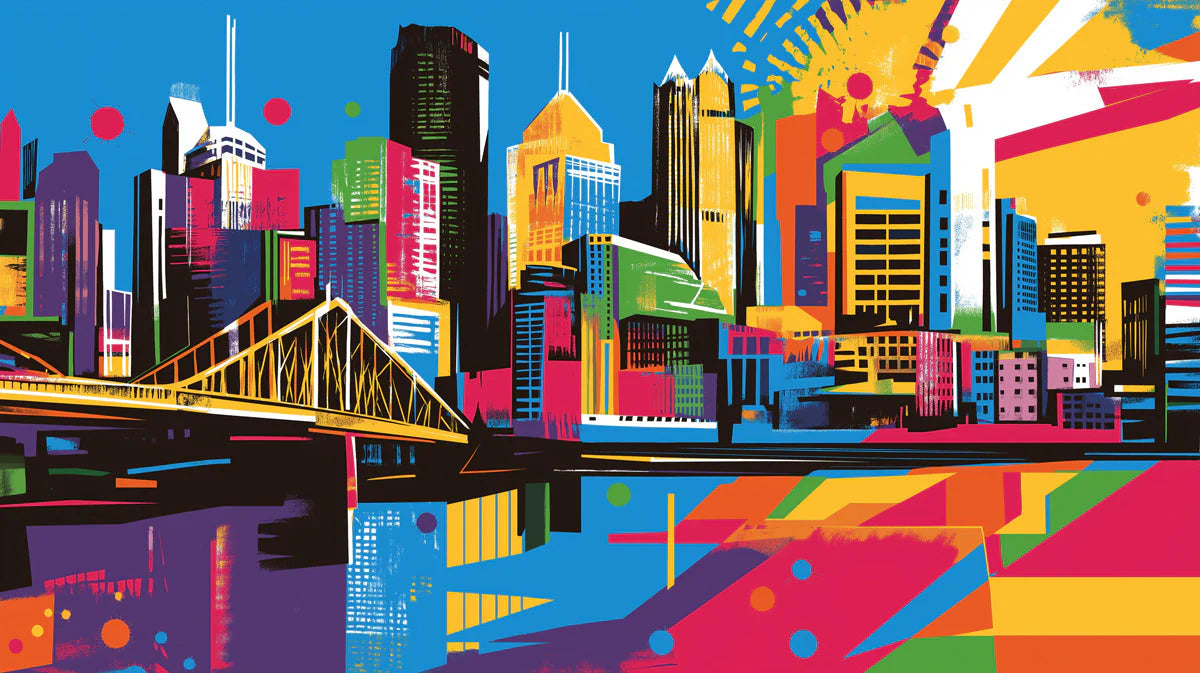 Empire State Building Pop Art Mural Electric Blue, Pink, and Gold Mural Wallpaper - room preview 02