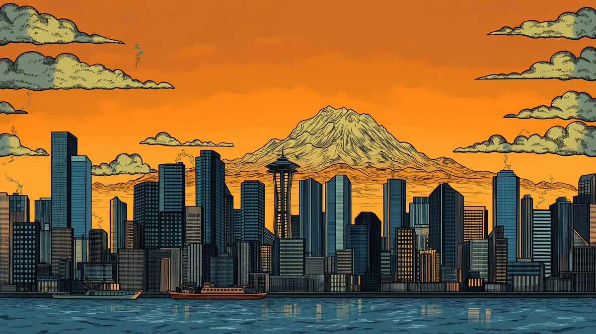 Vibrant Seattle Skyline & Mount Rainier Mural Sunset Orange and Urban Hues Mural Wallpaper - room preview 02