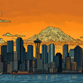 Vibrant Seattle Skyline & Mount Rainier Mural Sunset Orange and Urban Hues Mural Wallpaper - room preview 02