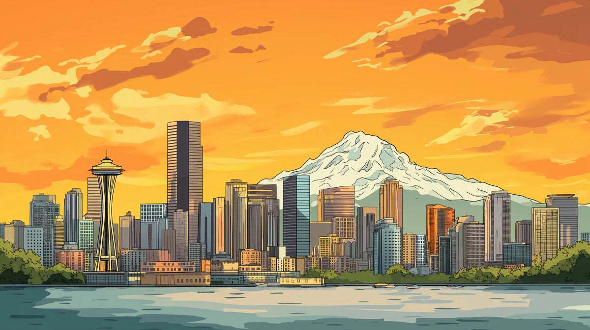 Vibrant Seattle Skyline & Mount Rainier Mural Sunset Orange and Urban Hues Mural Wallpaper - room preview 02