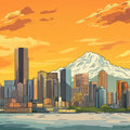 Vibrant Seattle Skyline & Mount Rainier Mural Sunset Orange and Urban Hues Mural Wallpaper - room preview 02