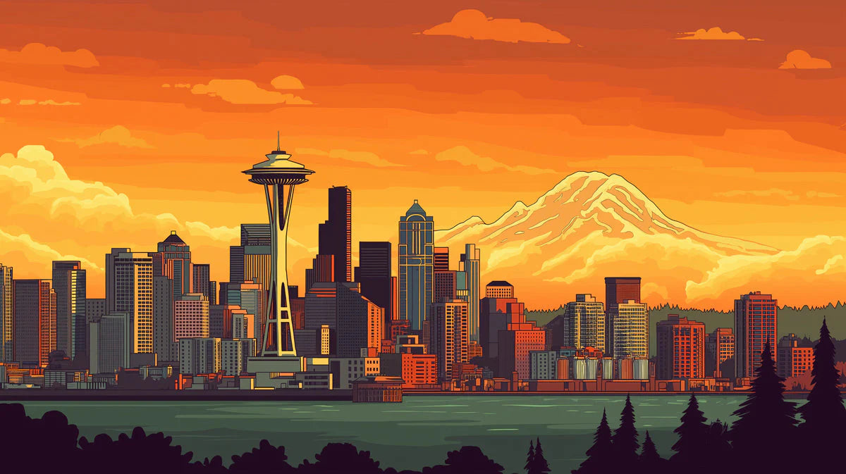 Seattle Skyline Mural Wallpaper Urban Teal, Grey, and Gold Hues Mural Wallpaper - room preview 02