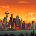 Seattle Skyline Mural Wallpaper Urban Teal, Grey, and Gold Hues Mural Wallpaper - room preview 02
