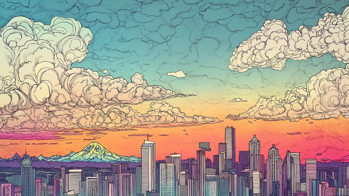 Dreamy Seattle Skyline Mural Serene Bedroom Escape Mural Wallpaper - room preview 02