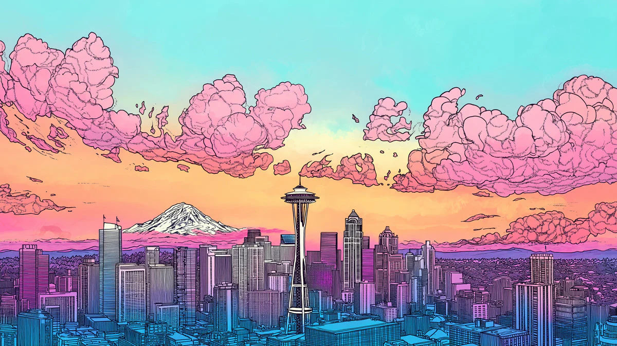 Dreamy Seattle Skyline Mural Contemporary Bedroom with Urban Whimsy Mural Wallpaper - room preview 02