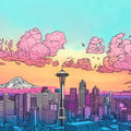 Dreamy Seattle Skyline Mural Contemporary Bedroom with Urban Whimsy Mural Wallpaper - room preview 02