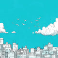 Teal and White Cityscape Mural Wallpaper in Bedroom Teal and White Cityscape Mural Wallpaper - room preview 02