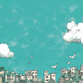 Teal and White Cityscape Mural Wallpaper in Bedroom Teal and White Cityscape Mural Wallpaper - room preview 02