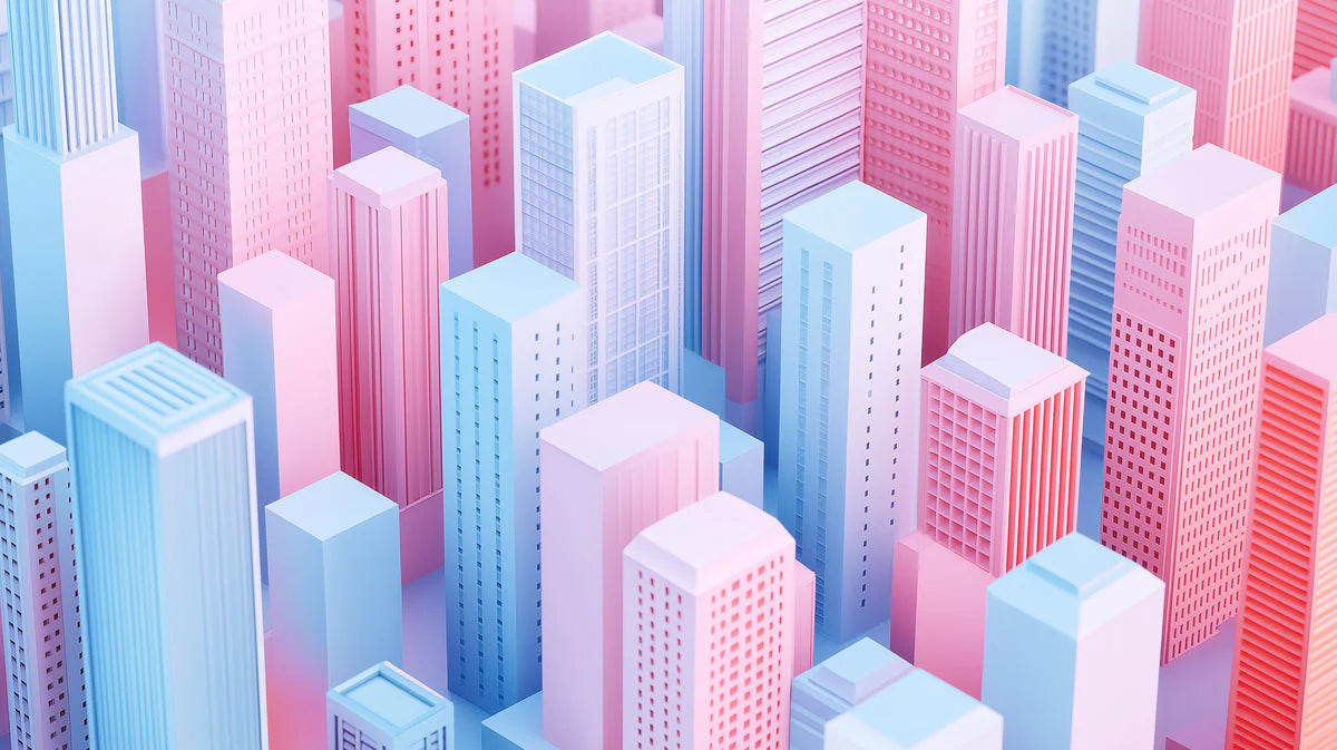 Colorful 3D Cityscape Mural Wallpaper in Office or Living Room Various Colors (Pink, Blue, etc.) Mural Wallpaper - room preview 02