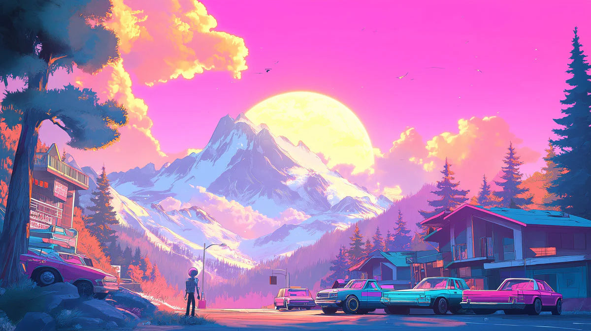 Pink and Purple Mountain Sunset Mural Wallpaper in Living Room Pink and Purple Mountain Sunset Mural Wallpaper - room preview 02