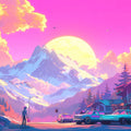 Pink and Purple Mountain Sunset Mural Wallpaper in Living Room Pink and Purple Mountain Sunset Mural Wallpaper - room preview 02