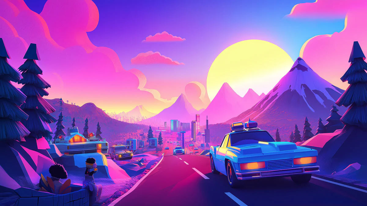 Pink and Purple Mountain Sunset Mural Wallpaper in Living Room Pink and Purple Mountain Sunset Mural Wallpaper - room preview 02