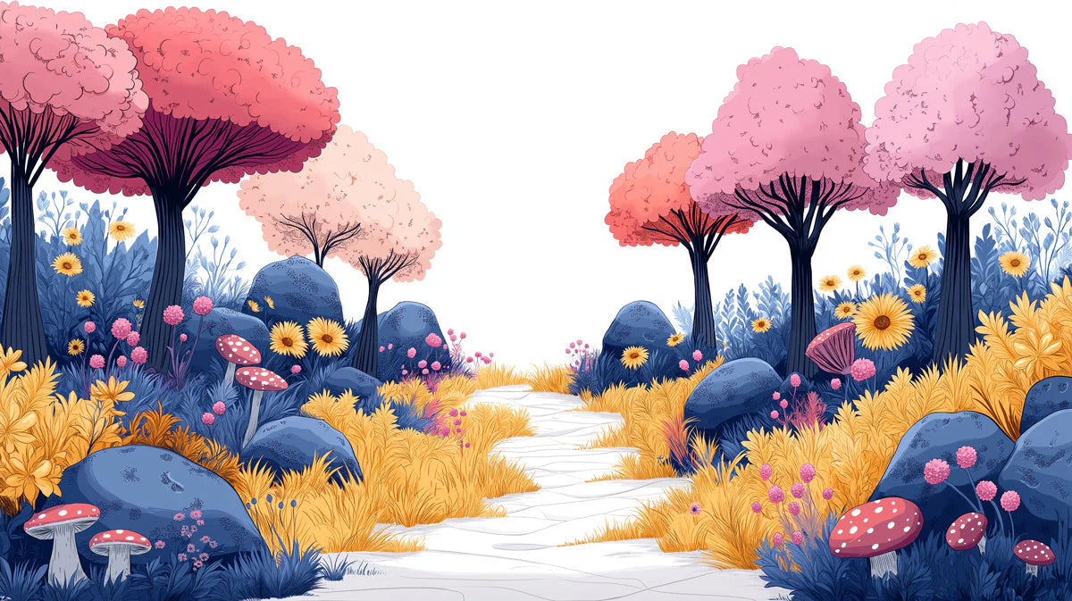 Pink and Blue Forest Mural Wallpaper in Bedroom Various Colors (Pink, Blue, Yellow, etc.) of Forest Mural Wallpaper - room preview 02