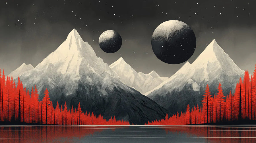 Solar System Wallpaper Mural – Planet Wall Mural for living room – Mountain and Planets in Living Room Black, White, Red Mountain and Planets printable artwork