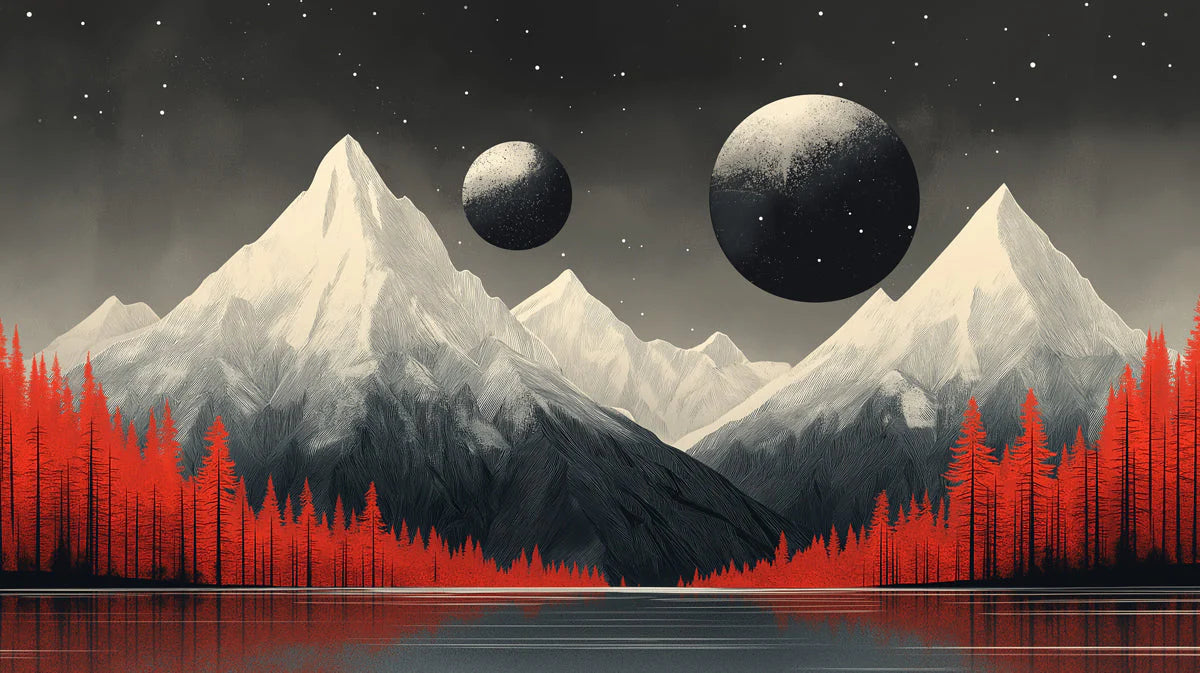 Mountain and Planets Mural Wallpaper in Living Room Black, White, Red Mountain and Planets Mural Wallpaper - room preview 02