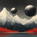 Mountain and Planets Mural Wallpaper in Living Room Black, White, Red Mountain and Planets Mural Wallpaper - room preview 02