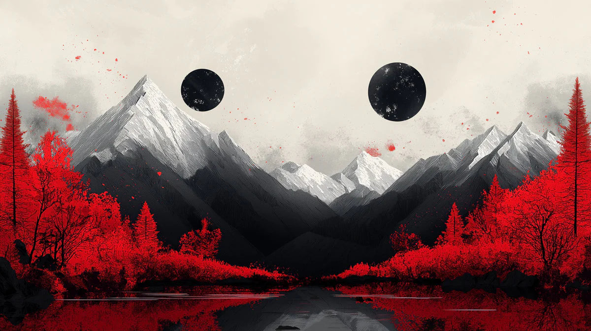 Mountain and Planets Mural Wallpaper in Living Room Black, White, Red Mountain and Planets Mural Wallpaper - room preview 02