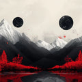 Mountain and Planets Mural Wallpaper in Living Room Black, White, Red Mountain and Planets Mural Wallpaper - room preview 02