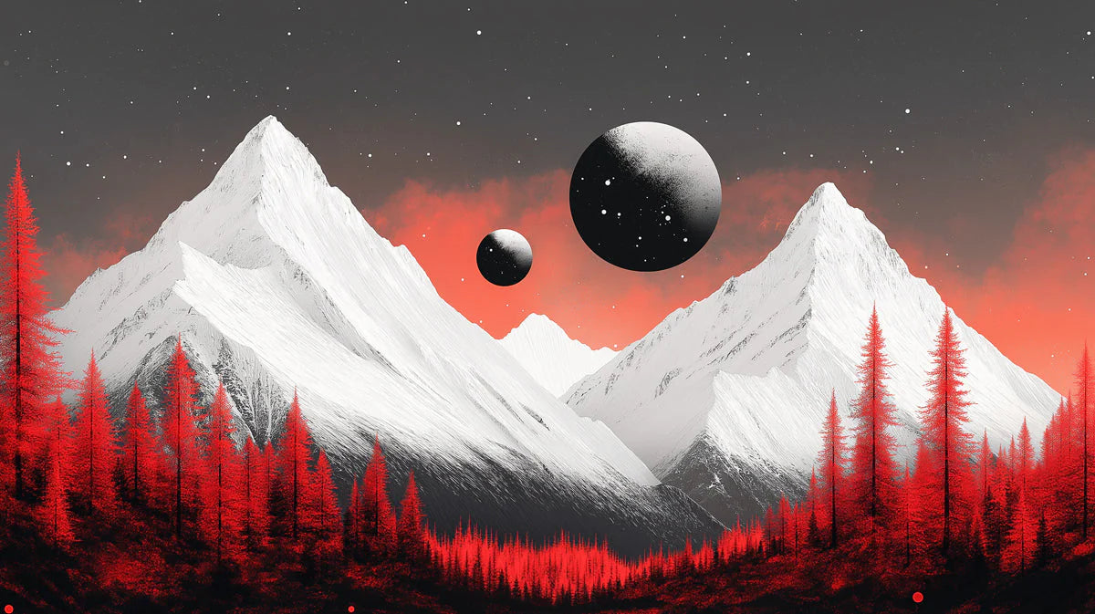 Mountain and Planets Mural Wallpaper in Living Room Black, White, Red Mountain and Planets Mural Wallpaper - room preview 02
