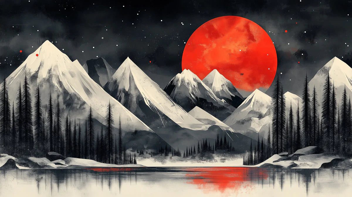 Mountain and Red Moon Mural Wallpaper in Living Room Black, White, Red Moon and Mountain Mural Wallpaper - room preview 02