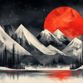 Mountain and Red Moon Mural Wallpaper in Living Room Black, White, Red Moon and Mountain Mural Wallpaper - room preview 02