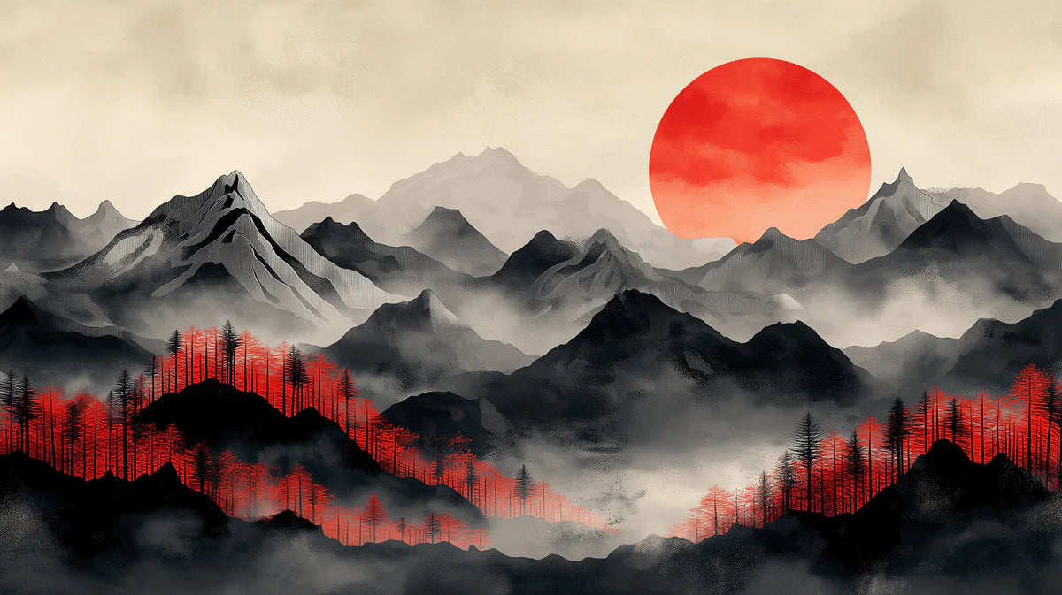 Mountain and Red Moon Mural Wallpaper in Living Room Black, White, Red Moon and Mountain Mural Wallpaper - room preview 02