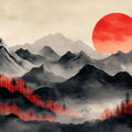 Mountain and Red Moon Mural Wallpaper in Living Room Black, White, Red Moon and Mountain Mural Wallpaper - room preview 02