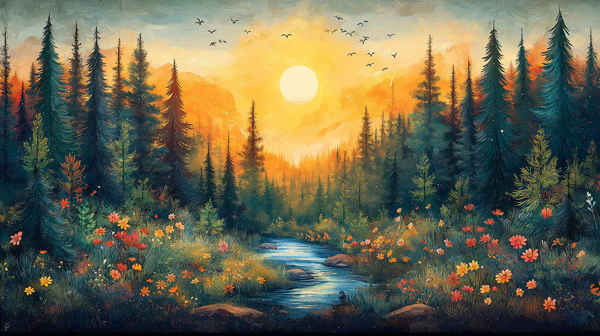 Forest and Sun Mural Wallpaper in Living Room Various Colors (Yellow, Green, etc.) of Forest and Sun Mural Wallpaper - room preview 02