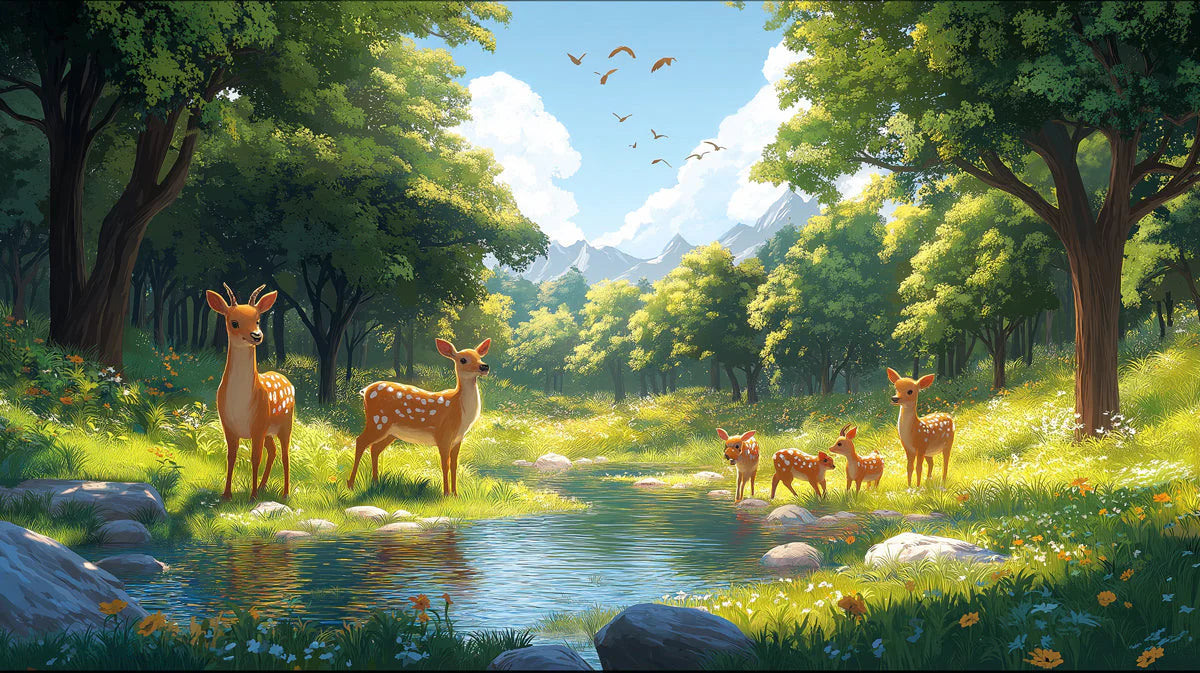 Deers in Forest Mural Wallpaper in Bedroom Various Colors (Green, Brown, etc.) of Deesr in Forest Mural Wallpaper - room preview 02