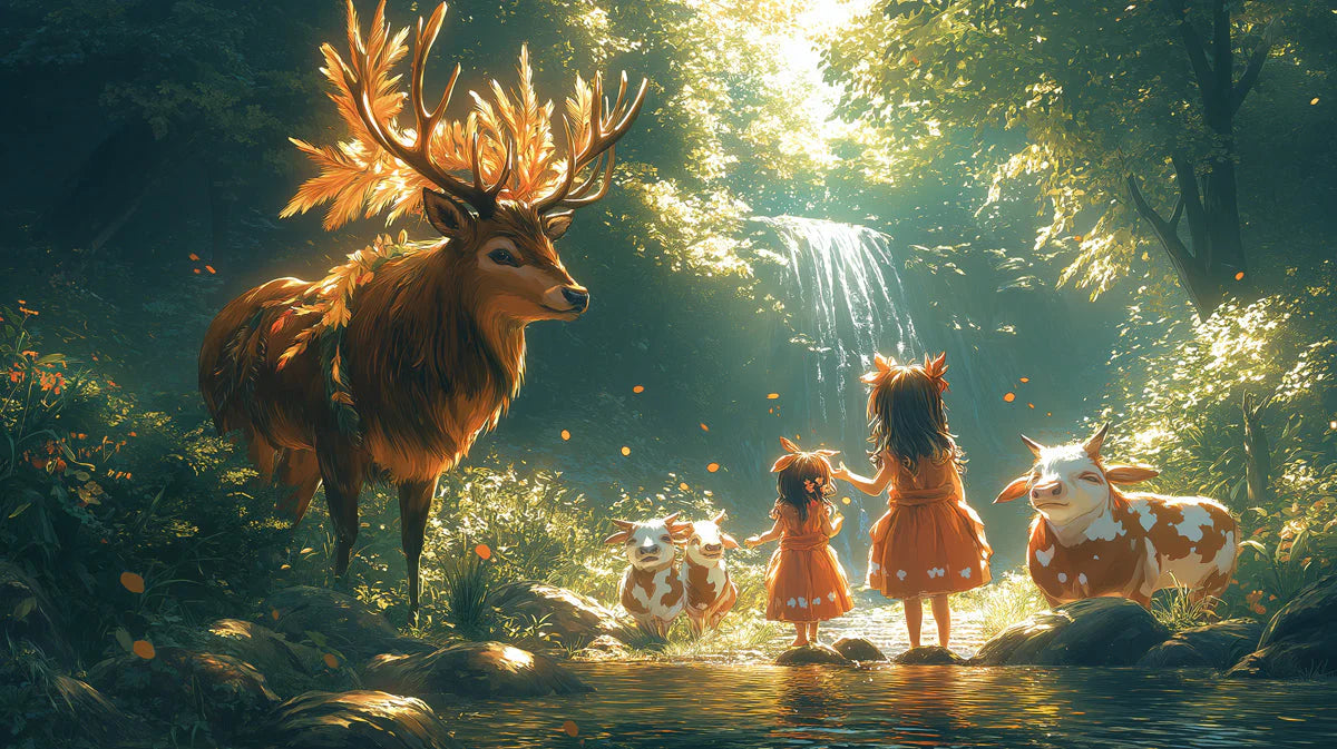 Deer and Girls in Forest Mural Wallpaper in Bedroom Various Colors (Green, Brown, etc.) of Deer and Girl Mural Wallpaper - room preview 02