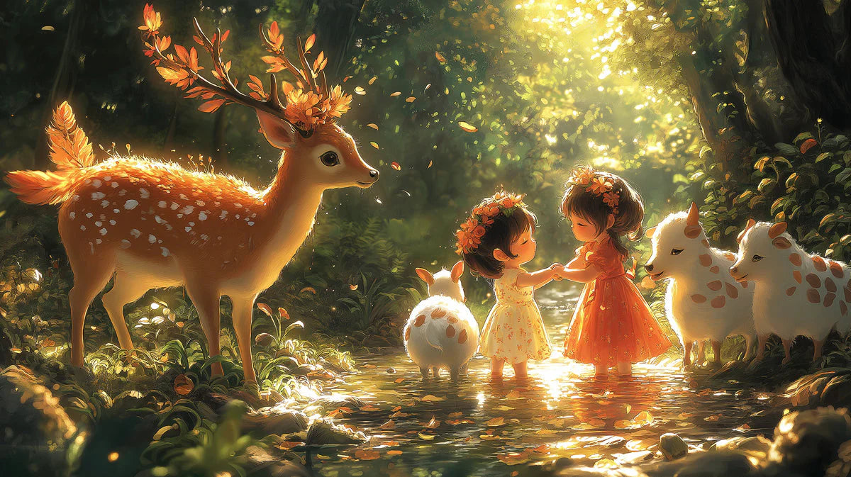 Deer and Girl in Forest Mural Wallpaper in Bedroom Various Colors (Green, Brown, etc.) of Deer and Girl Mural Wallpaper - room preview 02