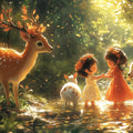 Deer and Girl in Forest Mural Wallpaper in Bedroom Various Colors (Green, Brown, etc.) of Deer and Girl Mural Wallpaper - room preview 02