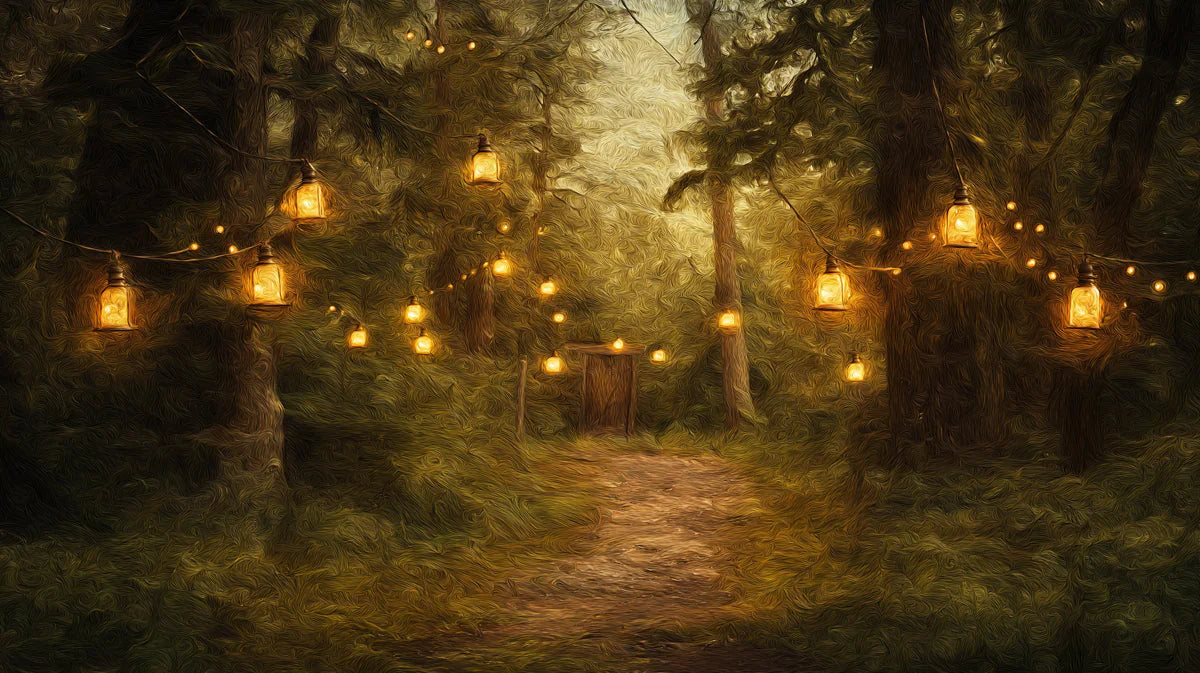 Forest with Lanterns Mural Wallpaper in Living Room Various Colors (Brown, Yellow, etc.) Mural Wallpaper - room preview 02