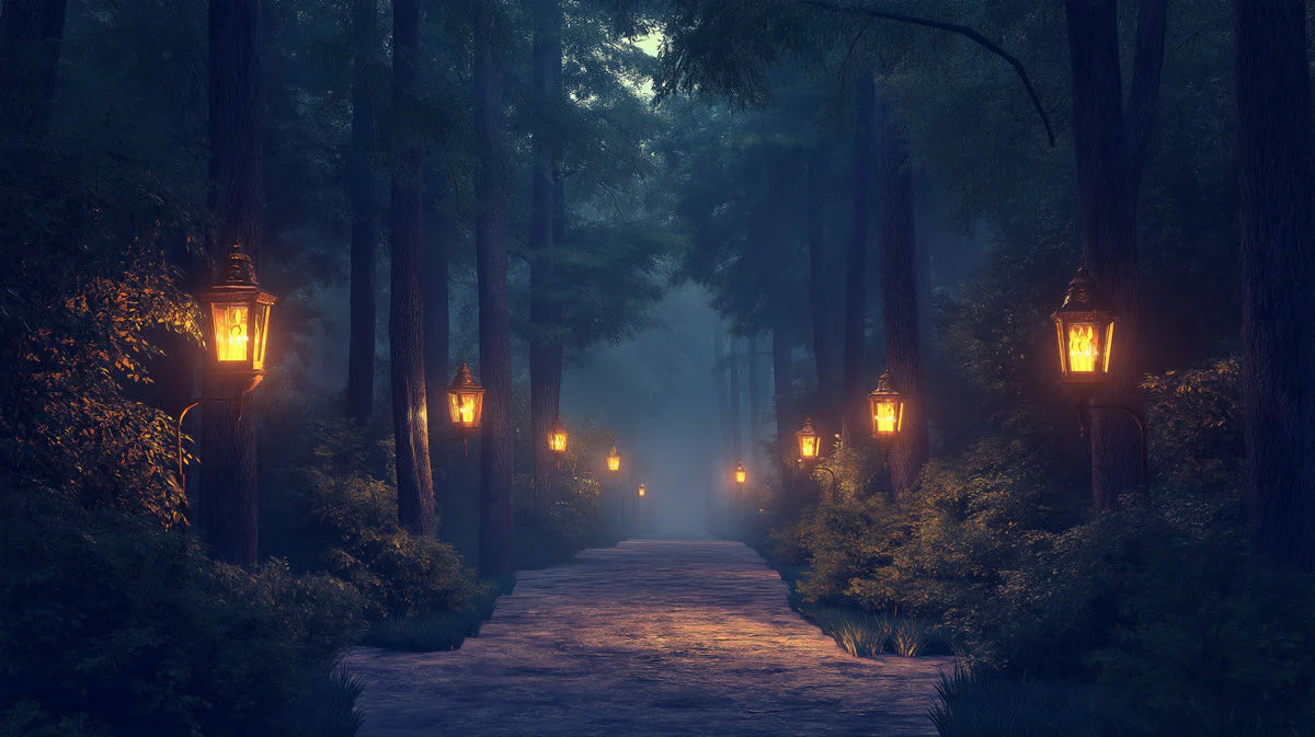 Mystic Forest with Lanterns Mural Wallpaper in Living Room Dark Blue, Yellow Mystic Forest Mural Wallpaper - room preview 02