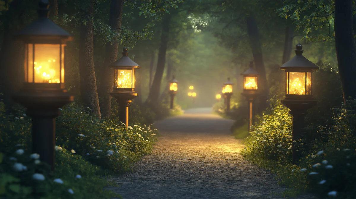 Mystic Forest with Lanterns Mural Wallpaper in Living Room Dark Blue, Yellow Mystic Forest Mural Wallpaper - room preview 02