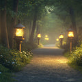 Mystic Forest with Lanterns Mural Wallpaper in Living Room Dark Blue, Yellow Mystic Forest Mural Wallpaper - room preview 02