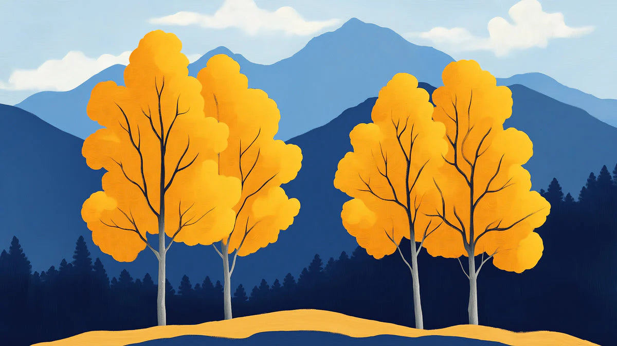 Blue and Yellow Tree Mural Wallpaper for a living room Blue, Yellow Trees Mural Wallpaper - room preview 02
