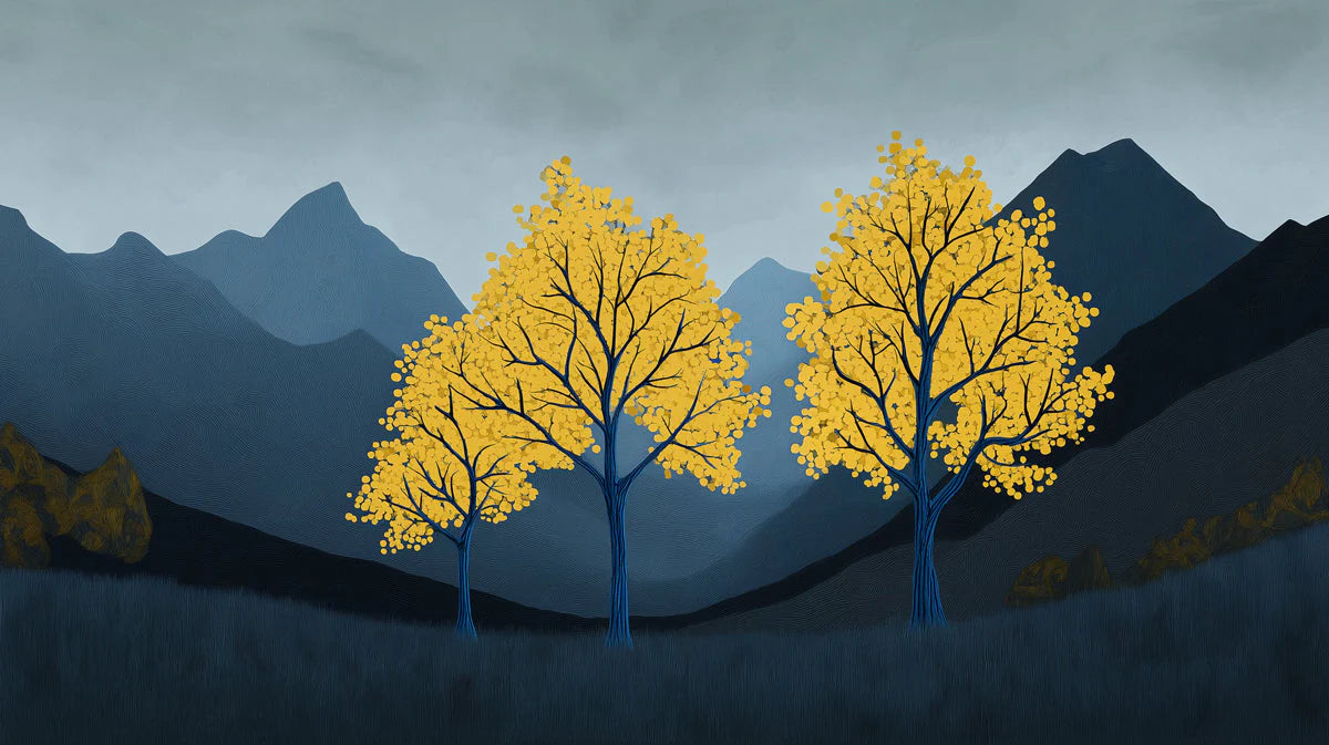 Dark Blue and Yellow Tree Mural Wallpaper in Living Room Dark Blue, Yellow Trees Mural Wallpaper - room preview 02